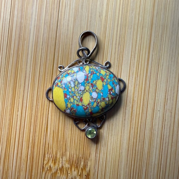 Vintage Silver Multicolored Speckled Sone Necklace Pendant - Picture 7 of 9